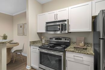 Modern kitchen with a stove, microwave, and refrigerator